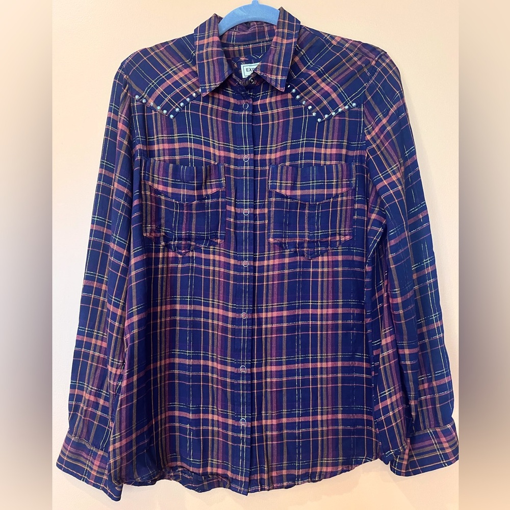 Express Boyfriend Plaid Metallic Long Sleeve Snap Front shirt